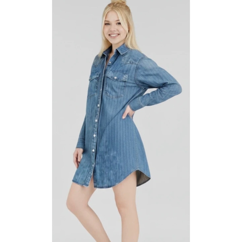 long sleeve denim Dress W‎ Pockets Snap Front Women's Small Western jean dress